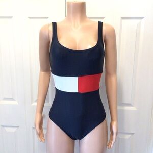 Tommy Hilfiger Womens Navy Red White Iconic Logo 1pc Swimsuit Size Small